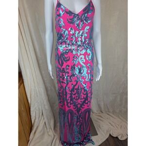 Pink Teal Sequin Embellished Maxi Dress Spaghetti Strap Evening‎ NWT